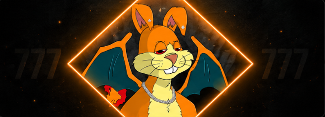 Lucky DAO flagship rabbit inside a glowing orange diamond frame with embers and faint 777 details